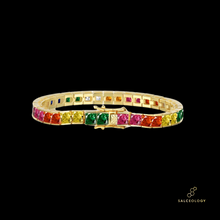 Load image into Gallery viewer, A gold-plated sterling silver bracelet featuring a series of multicolored square-cut cubic zirconia gems, with a clasp type of open box. Aurora Borealis bracelet Northern Lights jewellery celestial design
