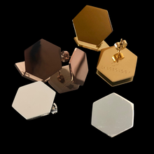 Load image into Gallery viewer, Hexagon statement stud earrings in gold and rose gold sacred geometry jewellery
